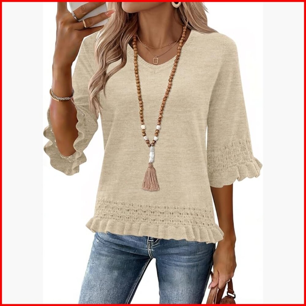 V-Neck Crop Sweater Peplum Pullover 3/4 Sleeve Business Casual Knit Top